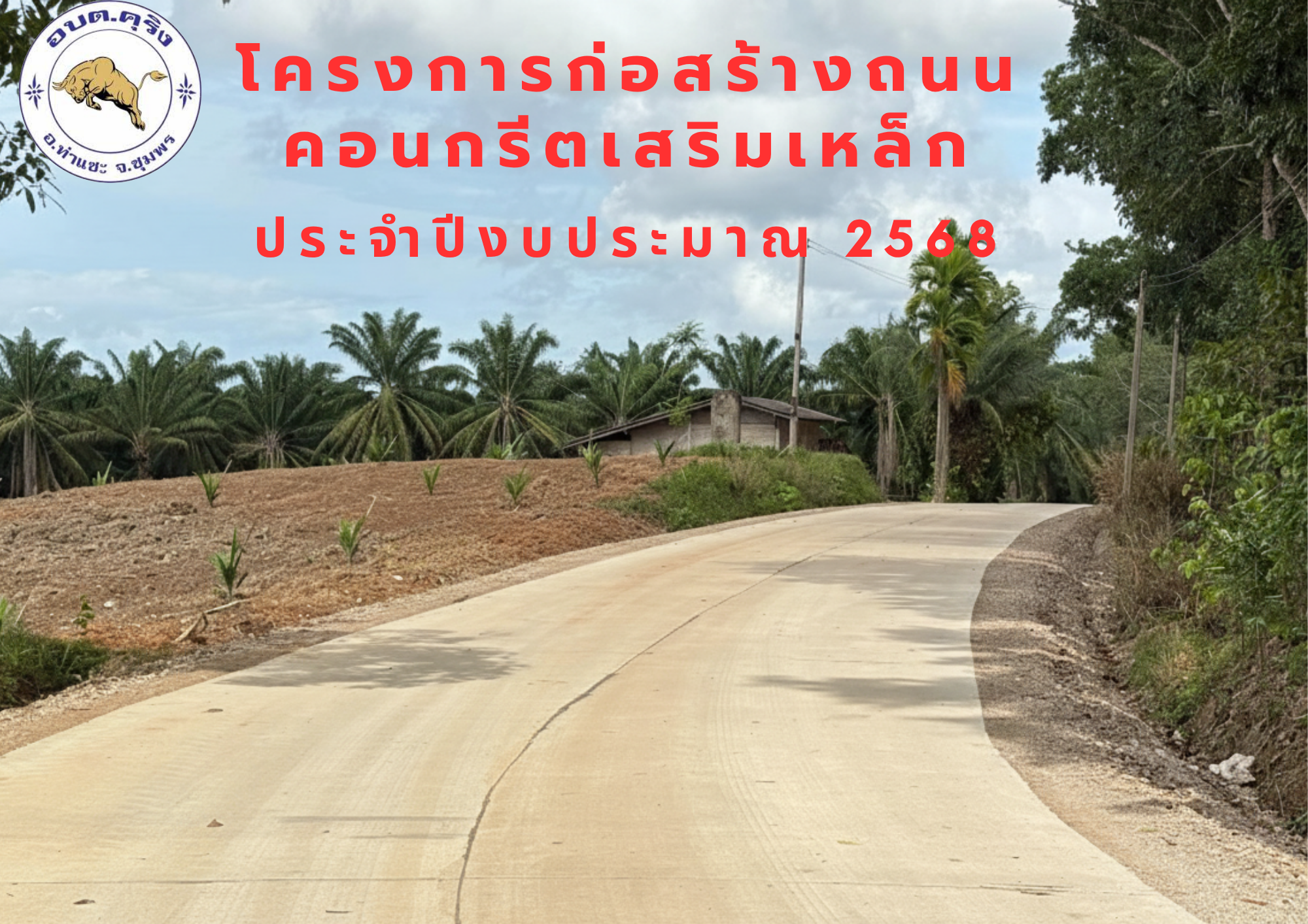 โครงการก่อสร้างถนนคอนกรีตเสริมเหล็ก ในงบประมาณรายจ่าย ประจำปีงบประมาณ 2568   รวมระยะทาง 3.14 กิโลเมตร 
งบประมาณ 12,030,917 บาท