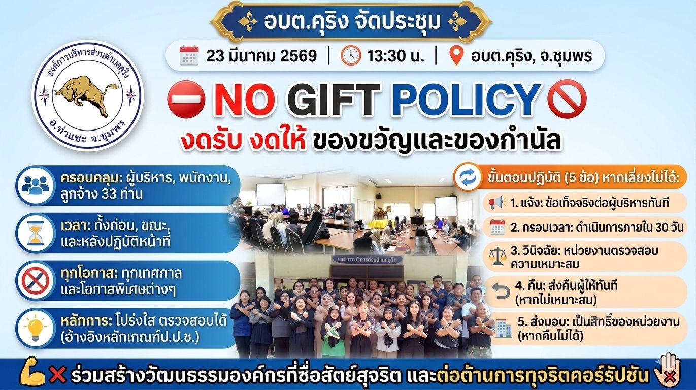 วันจันทร์ ที่ 23 มีนาคม 2569 นายกองค์การบริหารส่วนตำบลคุริง ประชุมพนักงานส่วนตำบล  พนักงานจ้าง และพนักงานจ้างเหมาบริการ ในสังกัดองค์การบริหารส่วนตำบลคุริง
